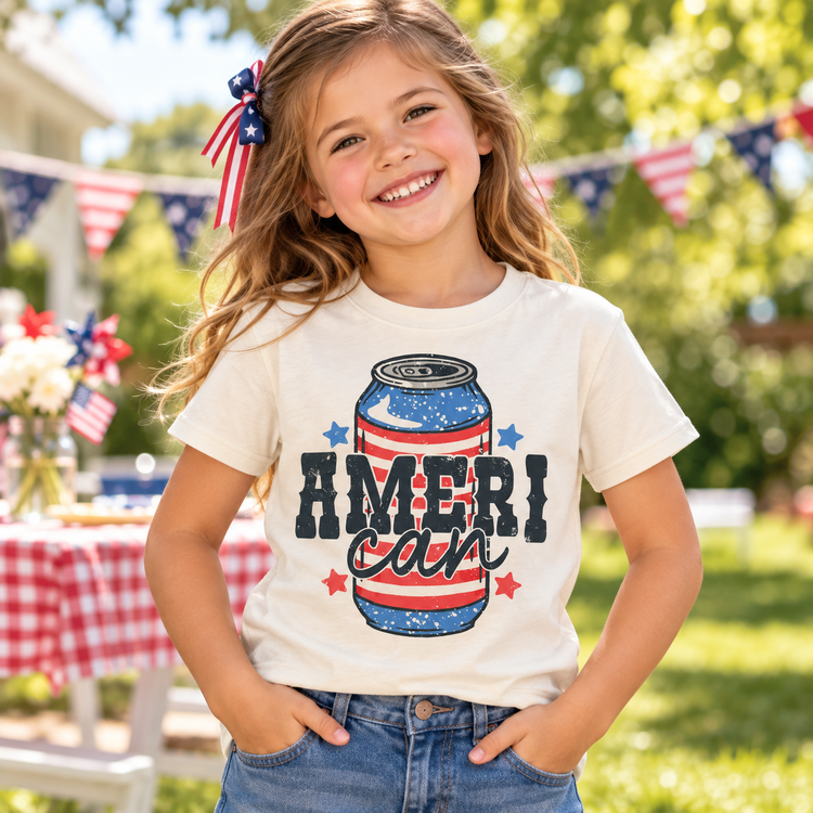 Child wearing a Natural Ameri Can Shirt at a patriotic summer gathering