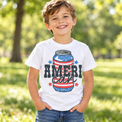 Child wearing a white Ameri Can Shirt outdoors