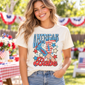 Woman wearing a Natural American Babe Shirt at a patriotic summer gathering