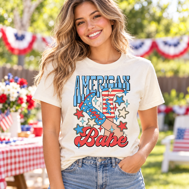 Woman wearing a Natural American Babe Shirt at a patriotic summer gathering