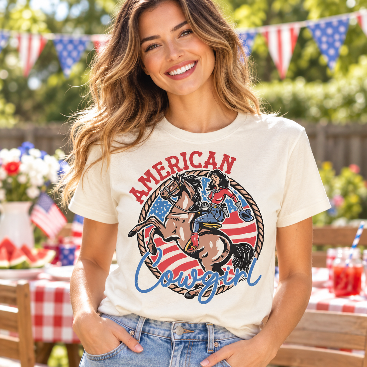 Woman wearing a Natural American Cowgirl Shirt at a patriotic summer gathering