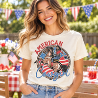 Woman wearing a Natural American Cowgirl Shirt at a patriotic summer gathering