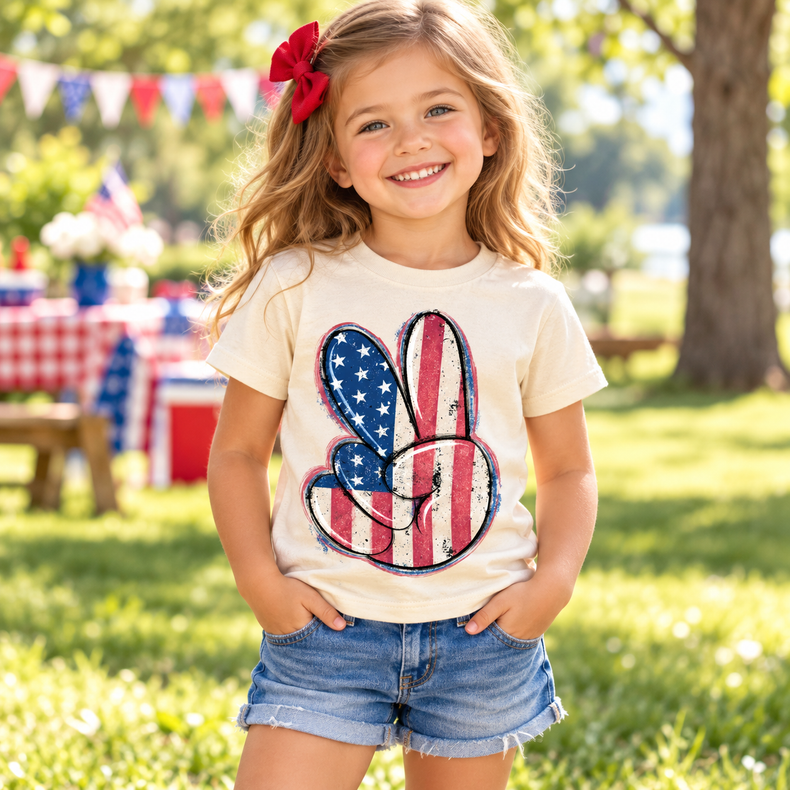 Child wearing American Flag Peace Sign Shirt