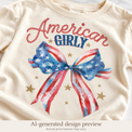 AI-generated design-detail preview of American Girly flag bow artwork; actual print texture may vary