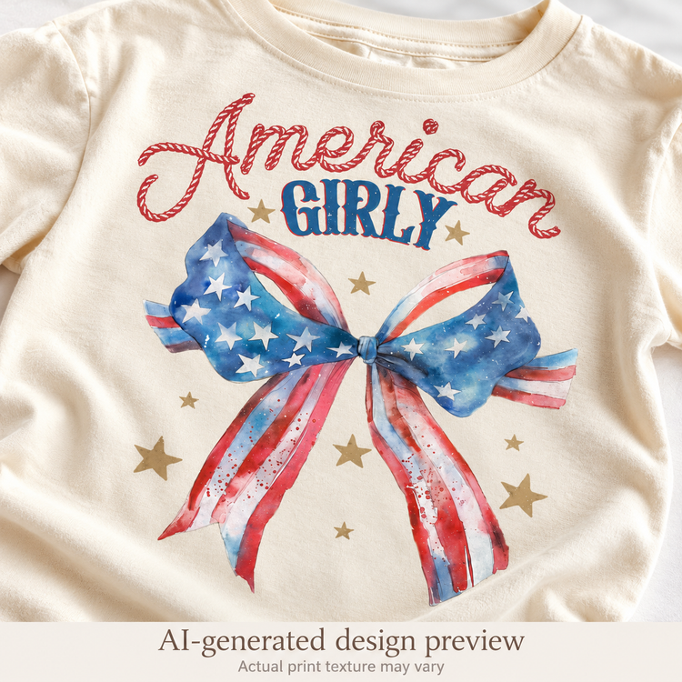 AI-generated design-detail preview of American Girly flag bow artwork; actual print texture may vary