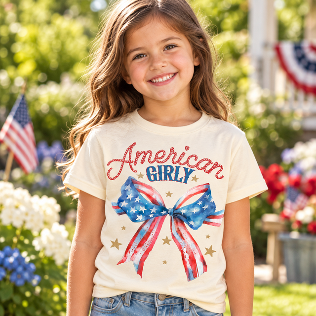 AI-generated lifestyle mockup of the American Girly flag bow shirt in natural