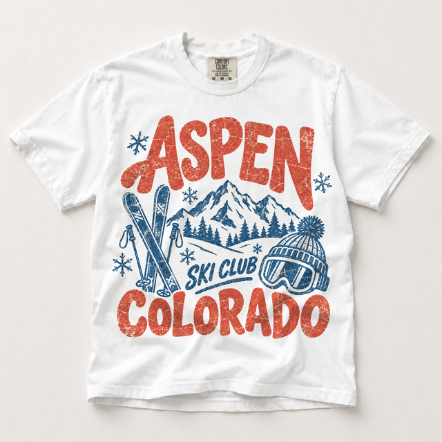 Aspen Ski Club Colorado vintage ski graphic on white Comfort Colors T-shirt
