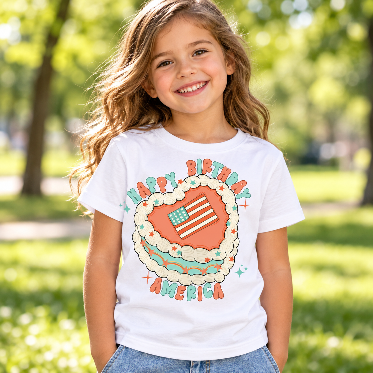 Child wearing a white Happy Birthday America Shirt outdoors
