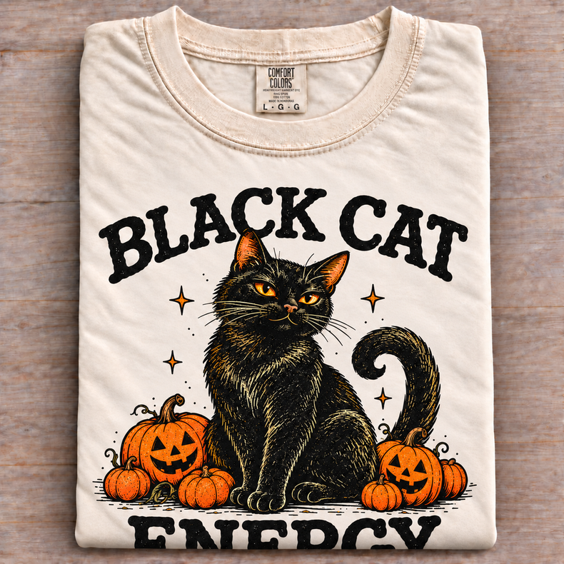 Natural folded Comfort Colors Black Cat Energy Halloween tee with oversized print