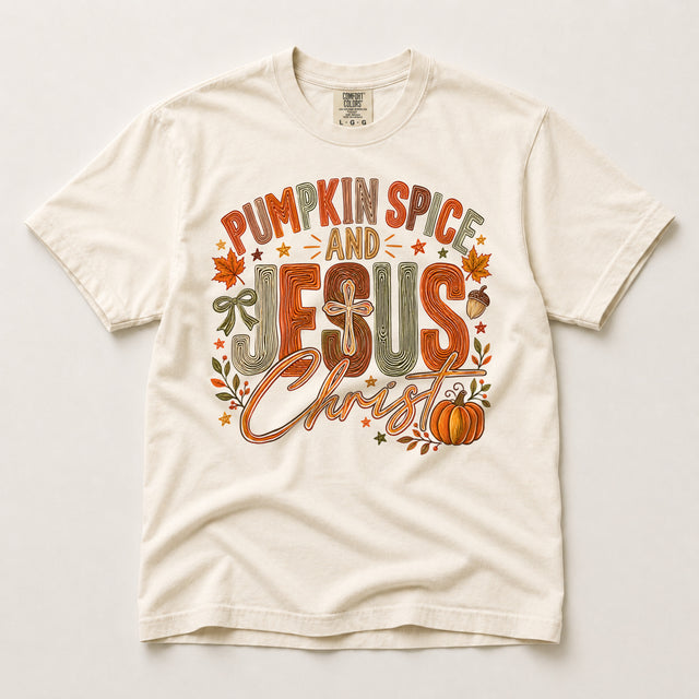 Ivory Comfort Colors T-shirt with Pumpkin Spice and Jesus Christ fall graphic, cross, pumpkin and autumn leaves.