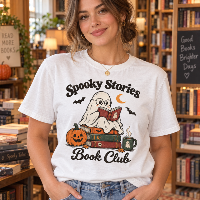 Spooky Stories Book Club Comfort Colors Halloween shirt in White worn by a female model