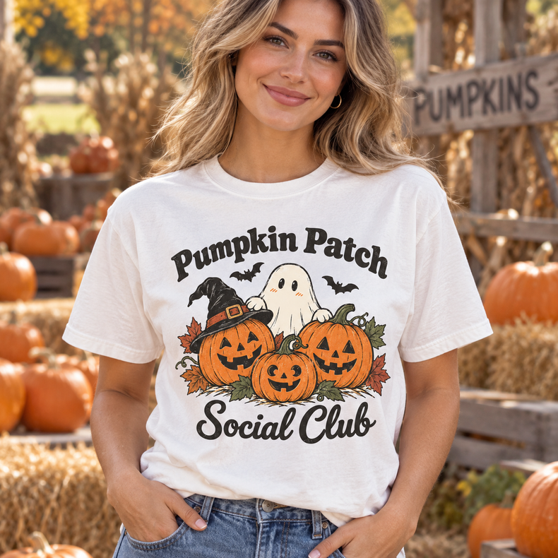 Pumpkin Patch Social Club Comfort Colors Halloween shirt in White worn by a female model