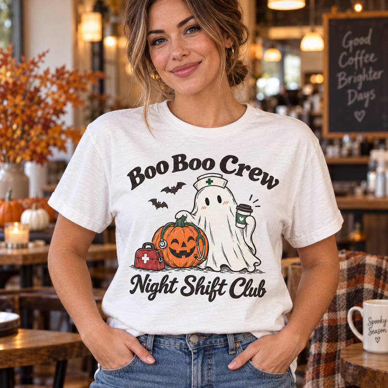 Boo Boo Crew Night Shift Club Comfort Colors Halloween shirt in White worn by a female model