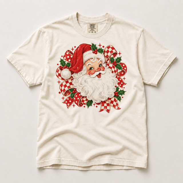 Vintage Santa Christmas shirt with red ribbons, Comfort Colors ivory tee