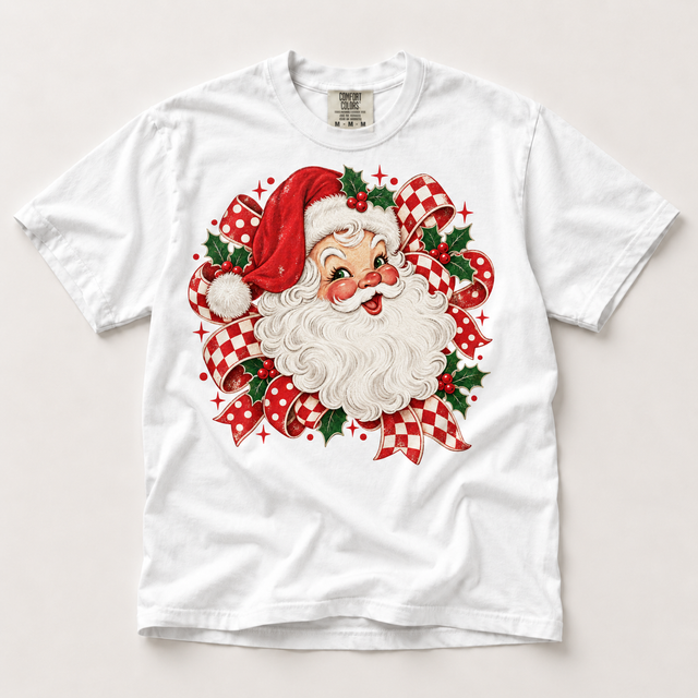 Vintage Santa Christmas shirt with red ribbons, Comfort Colors white tee