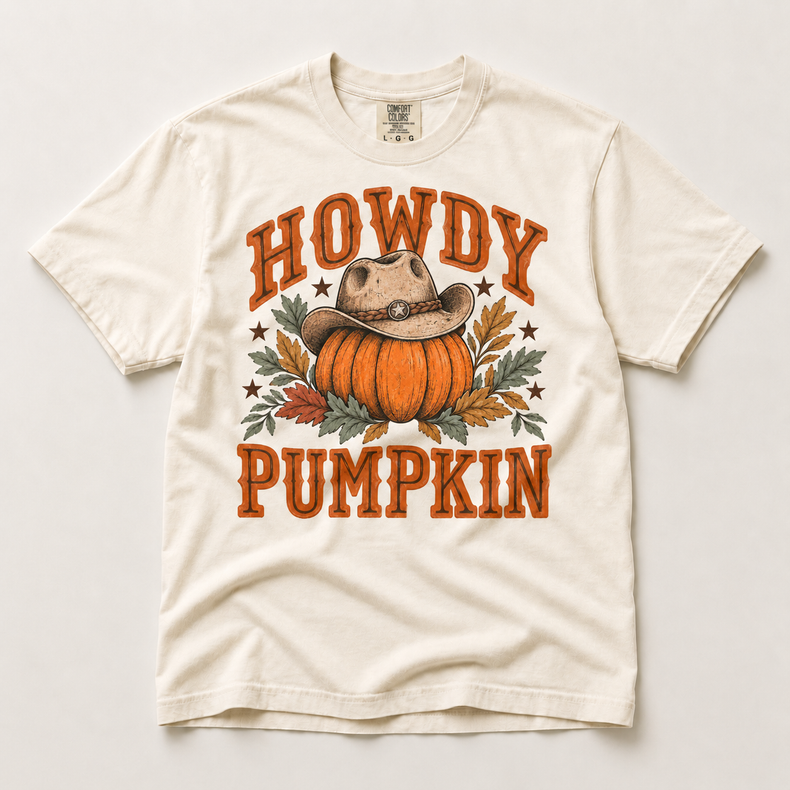 Howdy Pumpkin Western Fall on natural ivory short sleeve tee
