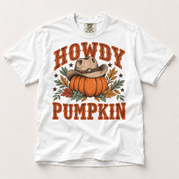 Howdy Pumpkin Western Fall on white short sleeve tee