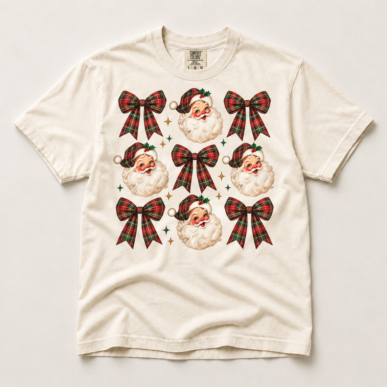 Plaid Santa and Bows Christmas Shirt – Comfort Colors Tee in ivory