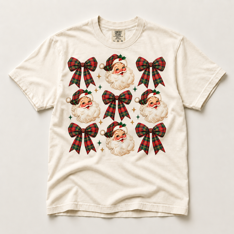 Plaid Santa Bow Christmas on natural ivory short sleeve tee