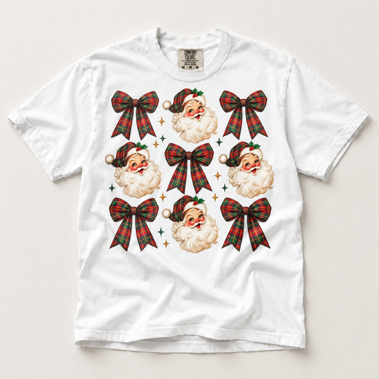 Plaid Santa Bow Christmas on white short sleeve tee
