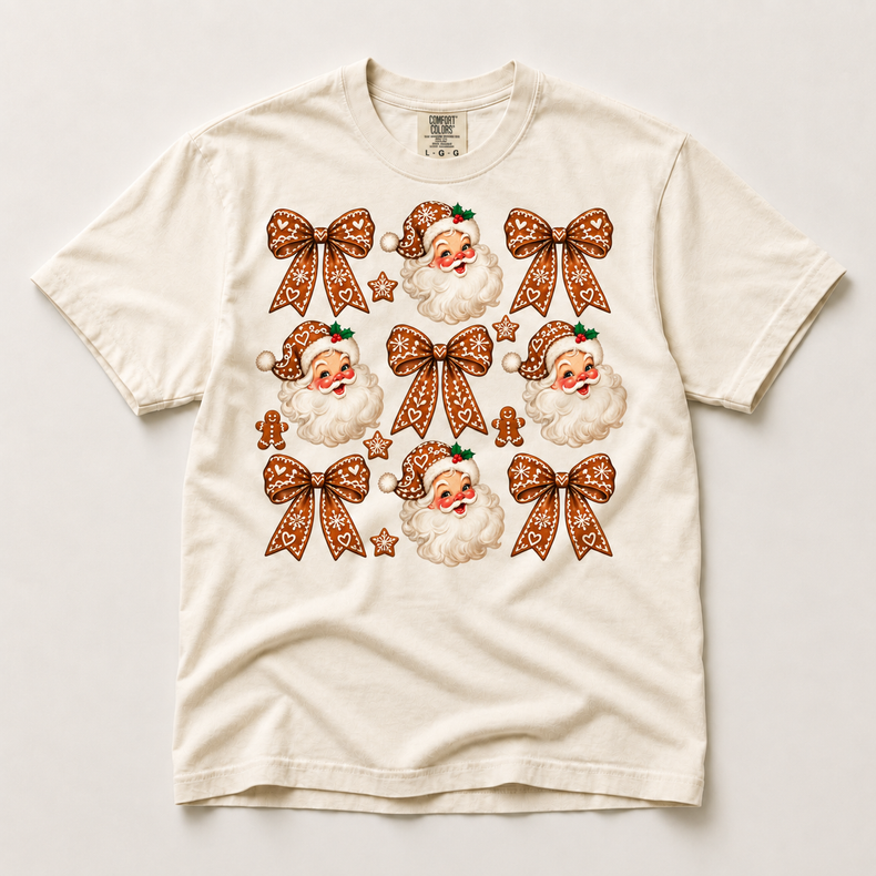 Gingerbread Santa and Bows Christmas Shirt – Comfort Colors Tee in ivory