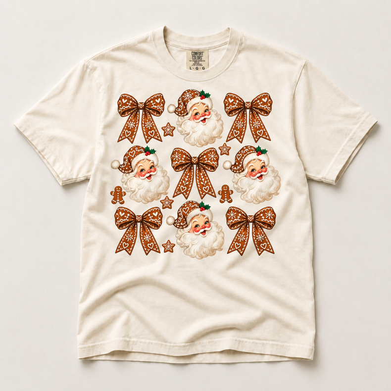 Gingerbread Santa Bow Christmas on natural ivory short sleeve tee