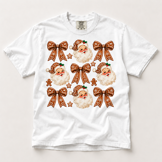 Gingerbread Santa and Bows Christmas Shirt – Comfort Colors Tee in white