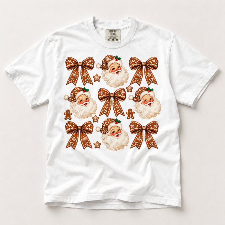 Gingerbread Santa and Bows Christmas Shirt – Comfort Colors Tee in white
