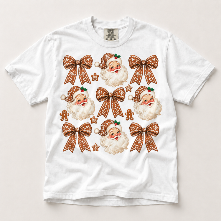 Gingerbread Santa Bow Christmas on white short sleeve tee