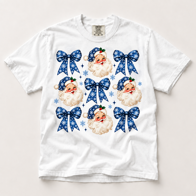 Blue Snowflake Santa and Bows Christmas Shirt – Comfort Colors Tee in white