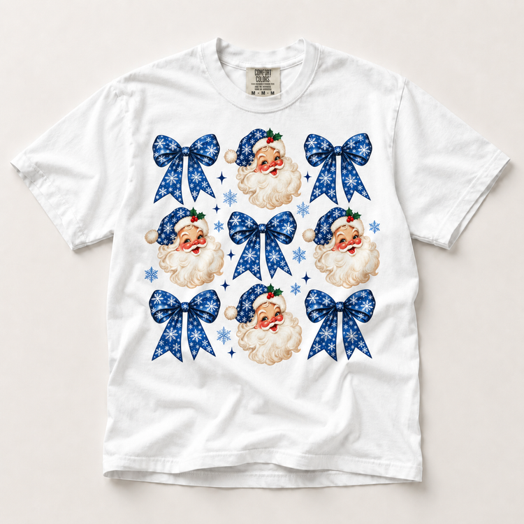 Blue Snowflake Santa Christmas on white short sleeve tee