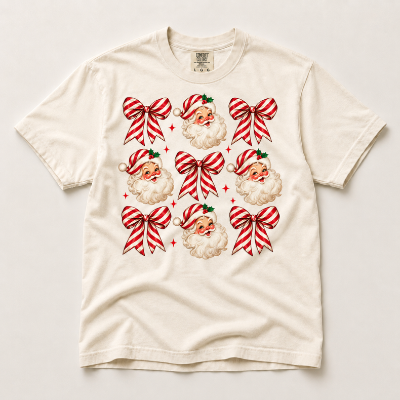 Candy Stripe Santa Bow Christmas on natural ivory short sleeve tee