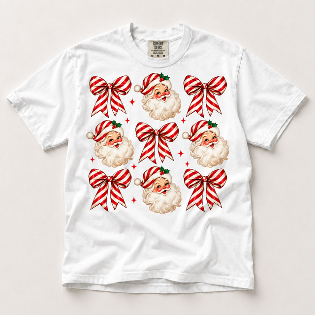Candy Cane Santa and Bows Christmas Shirt – Comfort Colors Tee in white