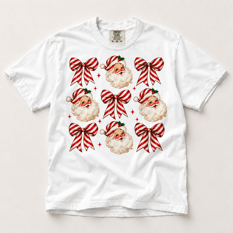 Candy Stripe Santa Bow Christmas on white short sleeve tee