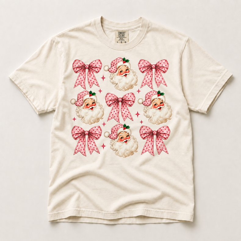 Pink Santa and Polka Dot Bows Christmas Shirt – Comfort Colors Tee in ivory
