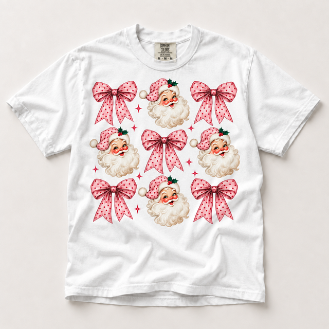 Pink Santa and Polka Dot Bows Christmas Shirt – Comfort Colors Tee in white