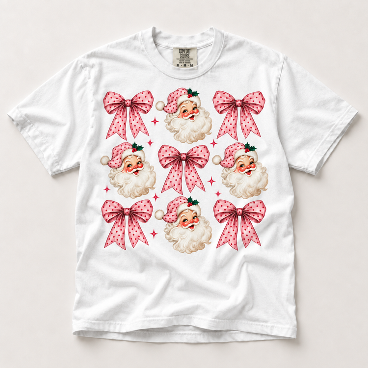 Pink Santa and Polka Dot Bows Christmas Shirt – Comfort Colors Tee in white