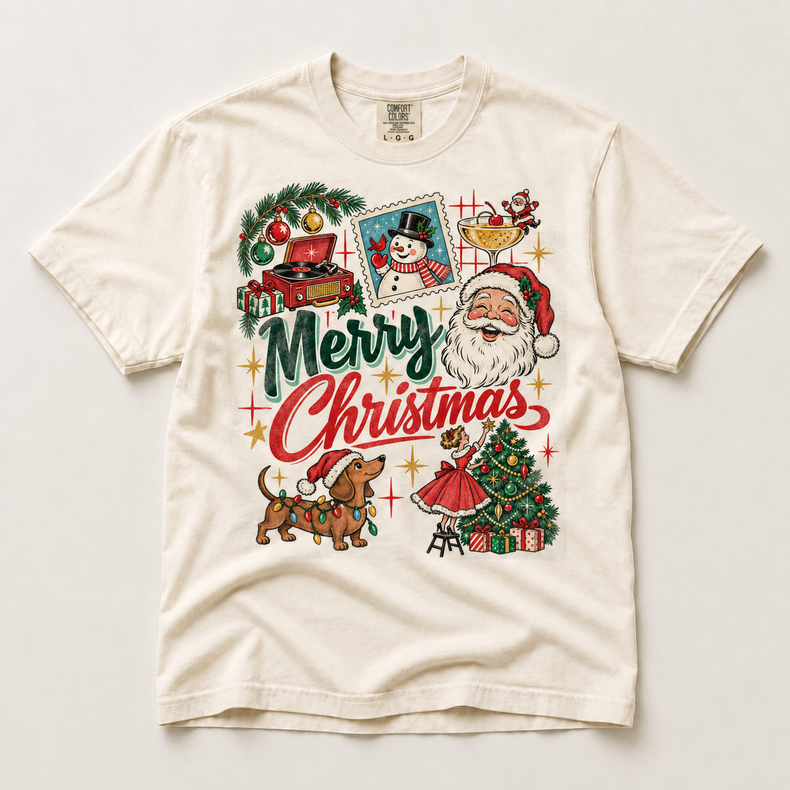 Retro Merry Christmas Collage on natural ivory short sleeve tee