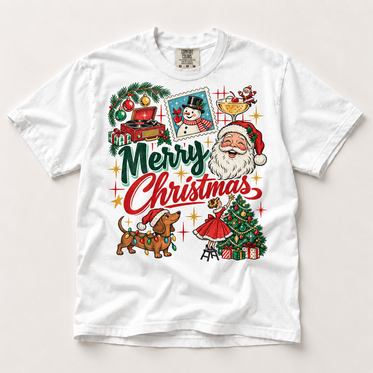 Retro Merry Christmas Collage on white short sleeve tee