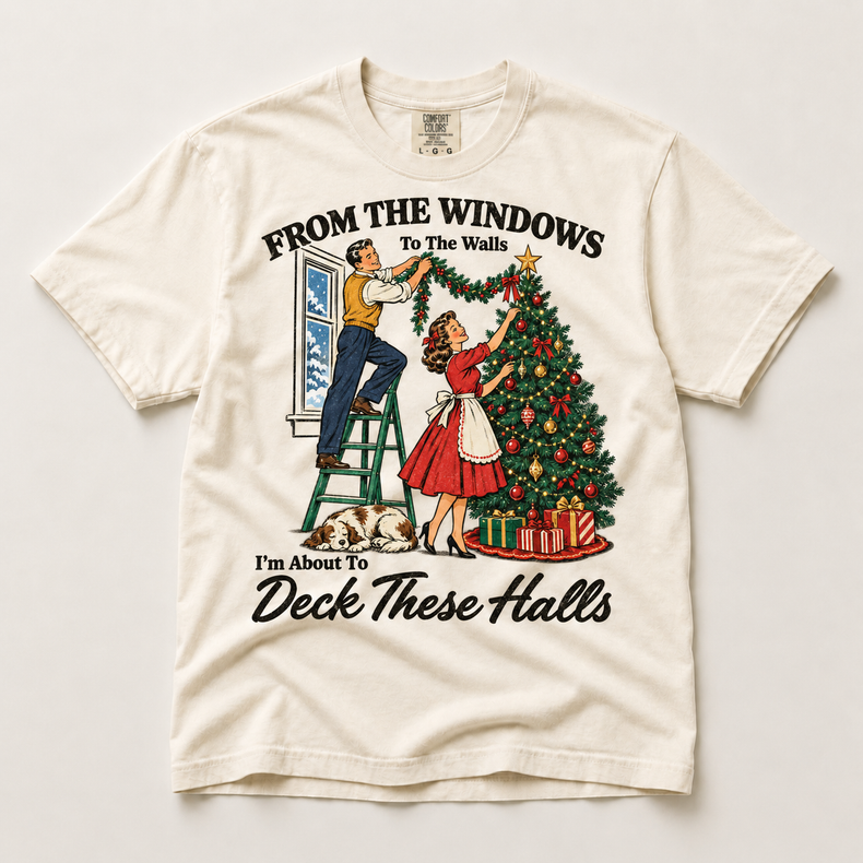 Deck These Halls Christmas on natural ivory short sleeve tee