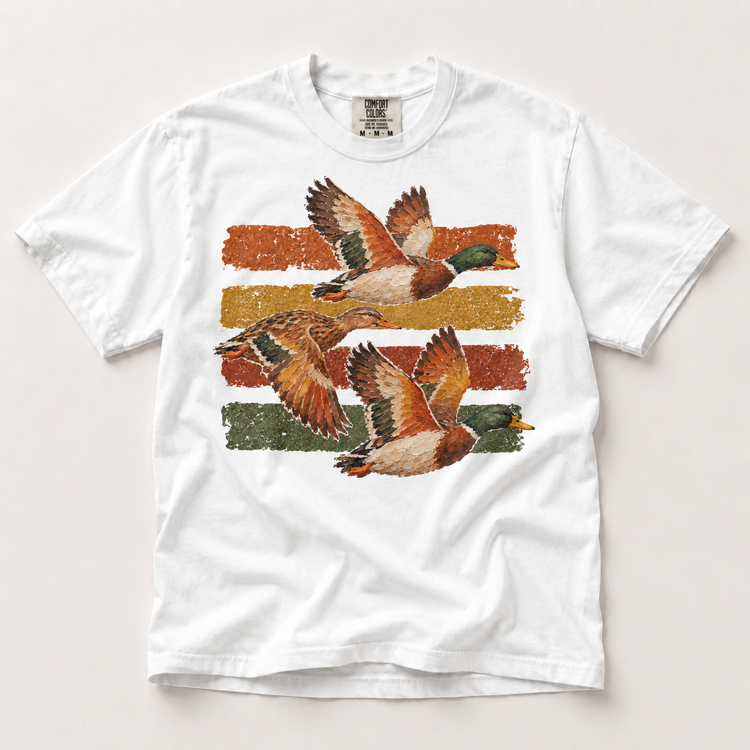 Vintage Flying Mallard Duck on white short sleeve tee