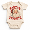 Santa's Favorite Christmas graphic on natural bodysuit, front view on white background