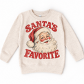 Santa's Favorite Christmas graphic on natural sweatshirt, front view on white background