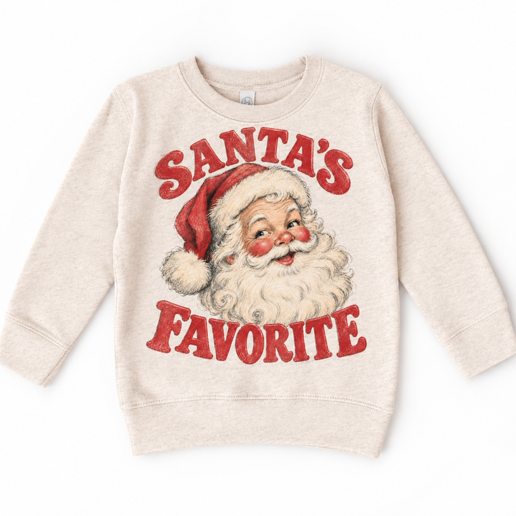 Santa's Favorite Christmas graphic on natural sweatshirt, front view on white background
