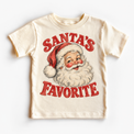Santa's Favorite Christmas graphic on natural tee, front view on white background