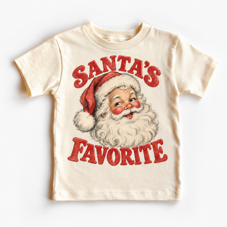 Santa's Favorite Christmas graphic on natural tee, front view on white background