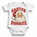Santa's Favorite Christmas graphic on white bodysuit, front view on white background