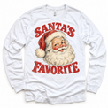 Santa's Favorite Christmas graphic on white long sleeve tee, front view on white background