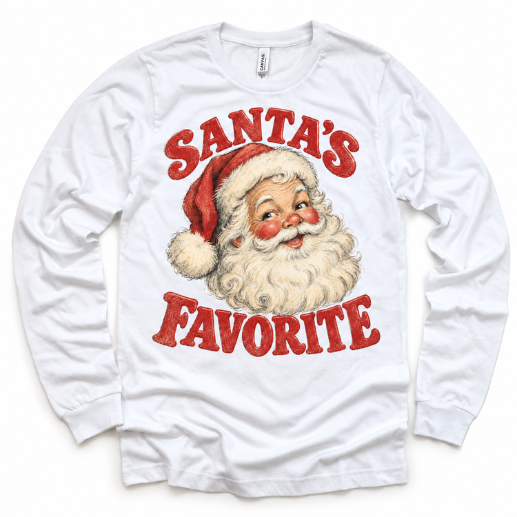 Santa's Favorite Christmas graphic on white long sleeve tee, front view on white background