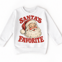 Santa's Favorite Christmas graphic on white sweatshirt, front view on white background